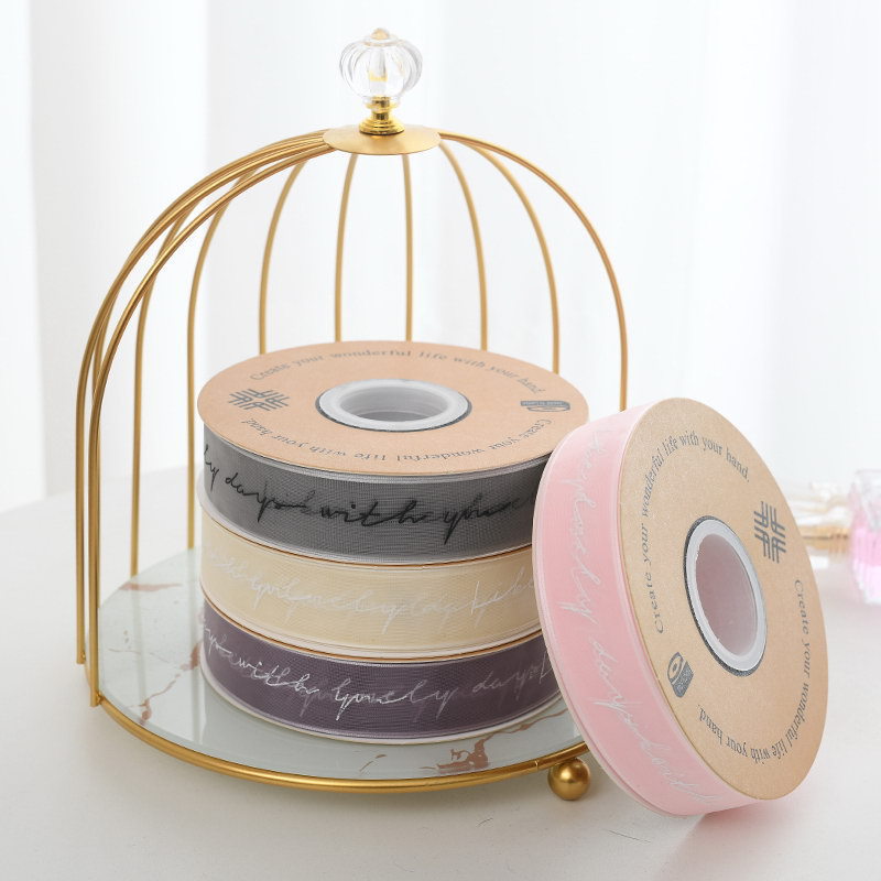 Venta al por mayor cinta de impresión de hilo de nieve letras inglesas Flor de organza pastel de embalaje cinta de ramo de vendaje transparente