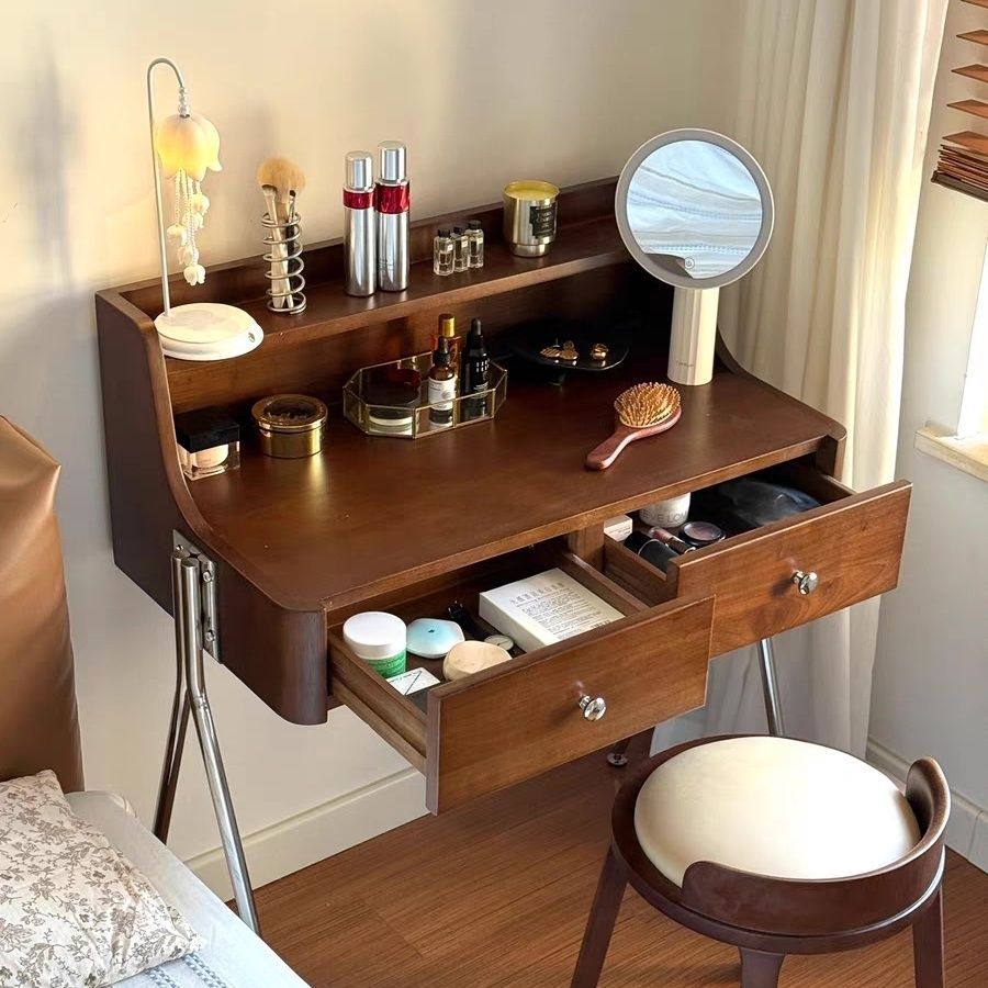 Nordic Solid Wood Dressing Table, Medieval Log Bedroom Makeup French Retro Small Apartment Storage Japanese Dressing Table