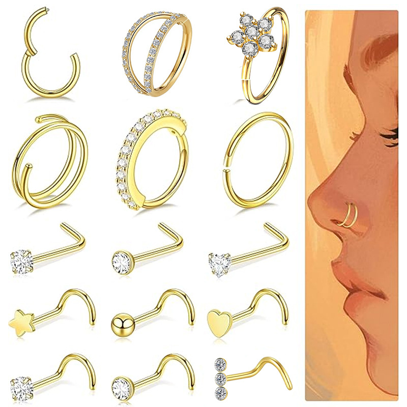 Nieuwe 15-delige set roestvrijstalen, grensoverschrijdende, populaire neuspiercings met open geometrische vormen en ingelegde zirkonia, inclusief koperen piercing._voghion.com