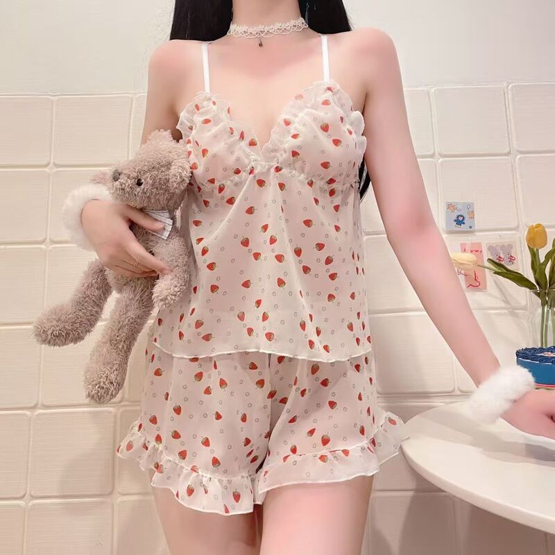Sexy Floral Skirt, Cute Pure Lust Style, Small Strawberry Split Nightgown Suit, New Style, No Need to Take Off, Sweet Home Clothes for Women