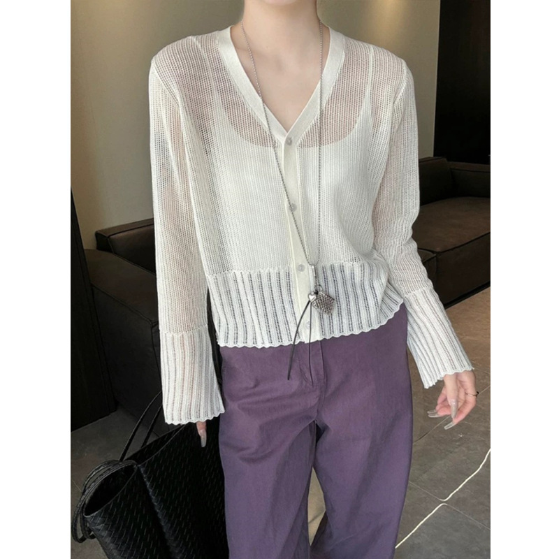 Korean Style Fashionable V-Neck Single-Breasted Ice Silk Knitted Cardigan for Women 2026 Summer New Versatile Long-Sleeved Sun Protection Top