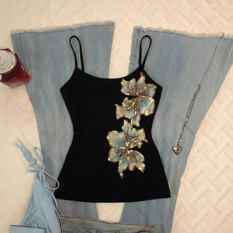 [210g 40-Count Fine Cotton 1*1] American Retro Unique Printed Camisole for Women, New Spring and Summer Top