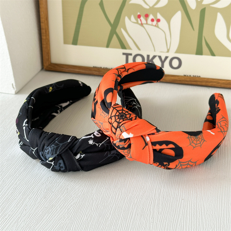 102g Weight Hair Band Hair Accessories Type 1 Piece Quantity Holiday, Festival Occasion Halloween Festival Pumpkin Pattern Women's Gender Handmade Design Classic Style Style Europe And America  New Halloween Headband Skull Pumpkin Fabric Knotted Headband Holiday Party Headdress In Stock 6