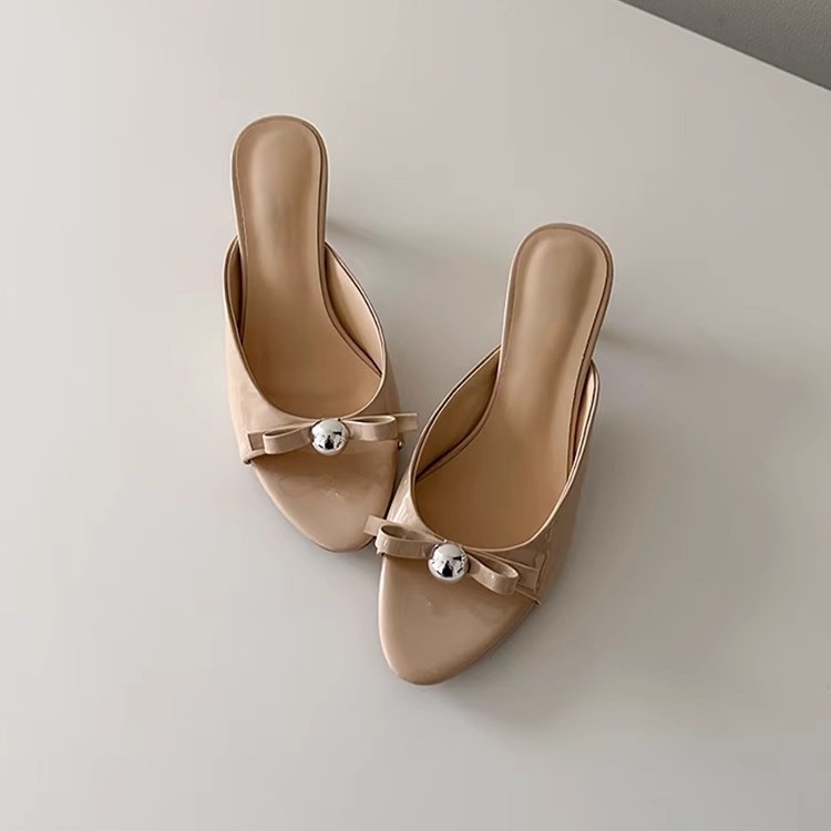 양가죽 버전~여성을 위한 달콤한 도트무늬 리본 오픈토 슬리퍼, 부드러운 둥근코 스틸레토 힐