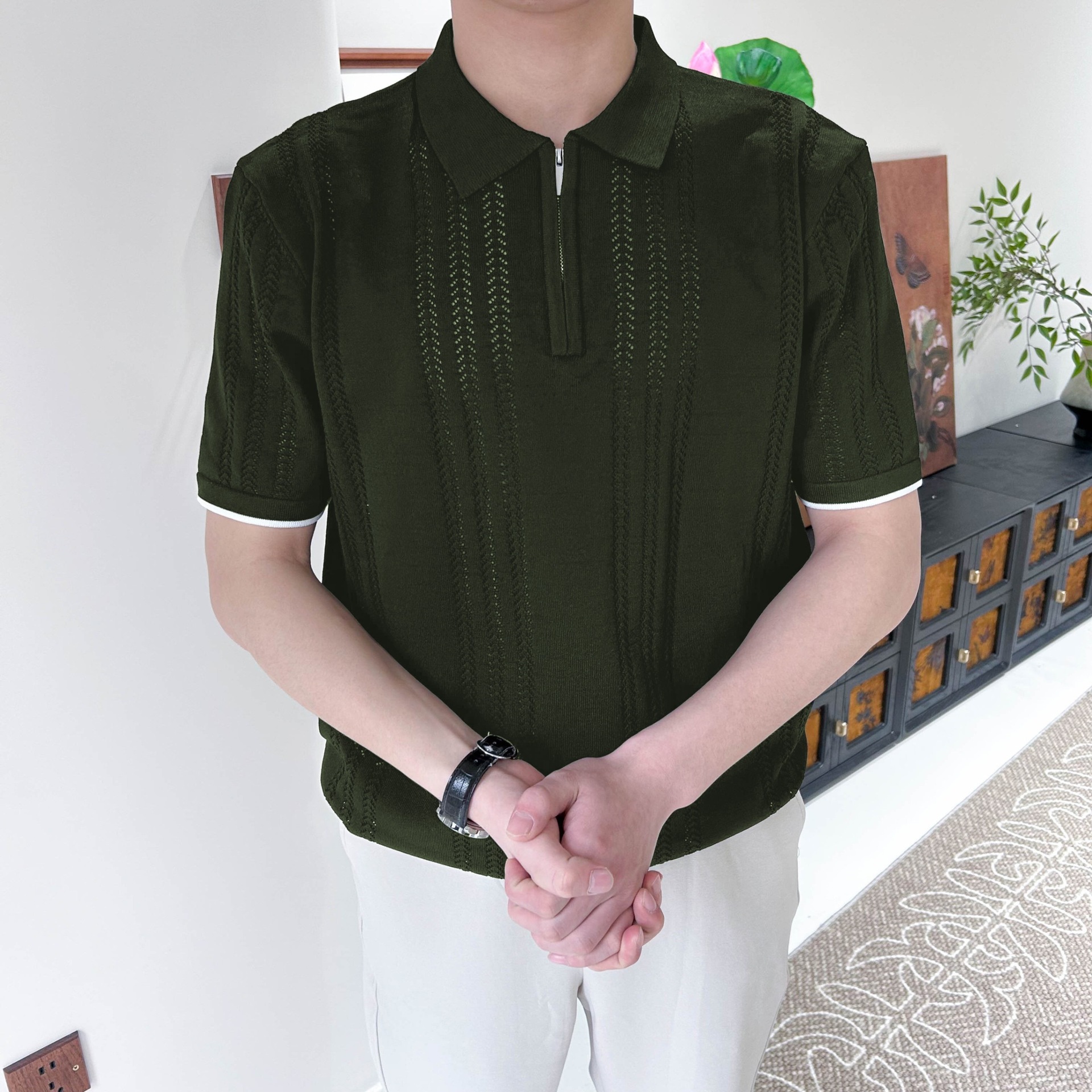 Polo homme à manches courtes, col à revers, demi-zip, maille, mode décontractée, ajouré, jeune, âge mûr_voghion.com