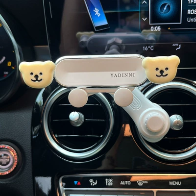 Car phone holder, Air Outlet Special for Women - yellow-cream-bear-white-glossy-bracket-extended-support-bar