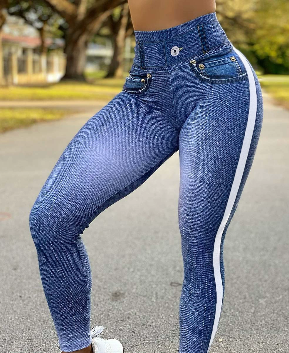 Elastic denim leggings, yoga clothing for gym, European style, Aliexpress, high waist, plus size
