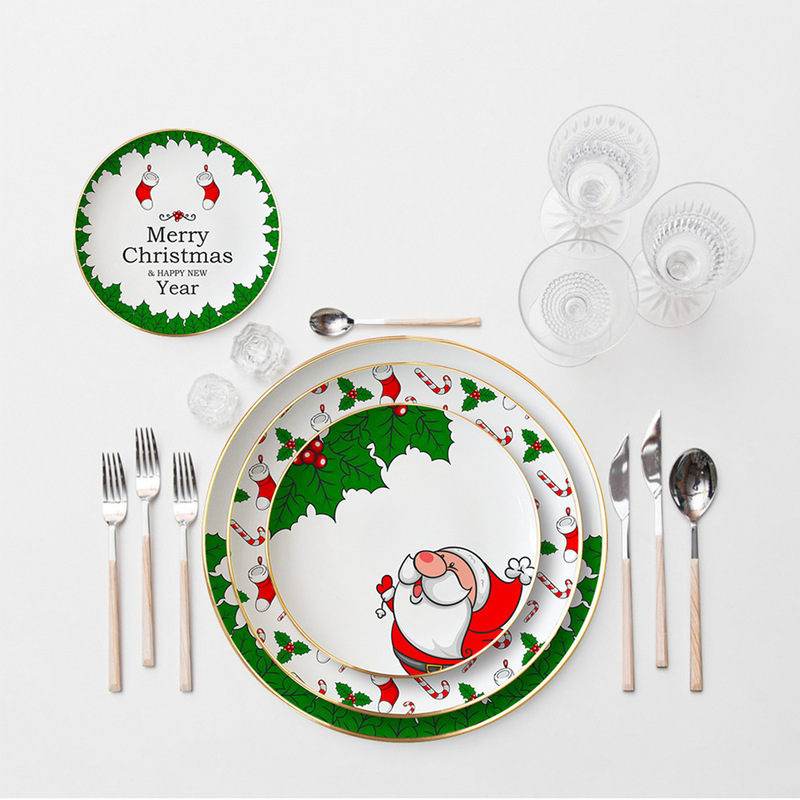 Christmas and New Year themed bone china tableware, featuring Santa Claus designs, steak plates, dessert plates, pasta plates, gold-rimmed plates, cake plates, and dessert stands Christmas and New Year themed bone china tableware, featuring Santa Claus designs, steak plates, dessert plates, pasta plates, gold-rimmed plates, cake plates, and dessert stands