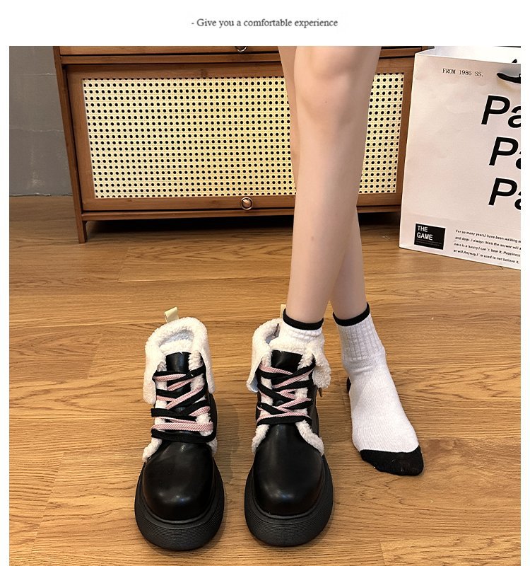 Women's Plush Leather Ankle Boots Academy Style Thick Sole Shoes_voghion.com