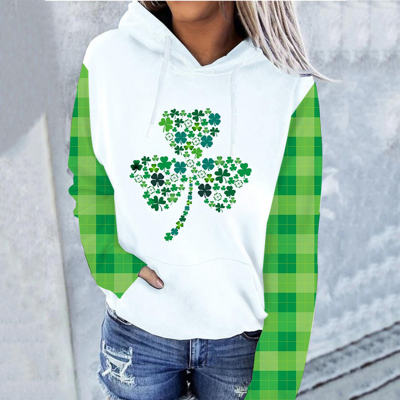 2024 Cross-Border New Product 3D Printed St. Patrick's Day Irish Clover Hooded Pullover Women's Sweatshirt