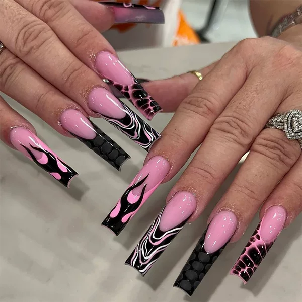 Cross-border new handmade wear nail French side long water pipe flame hot girl manicure nail piece finished product factory straight hair