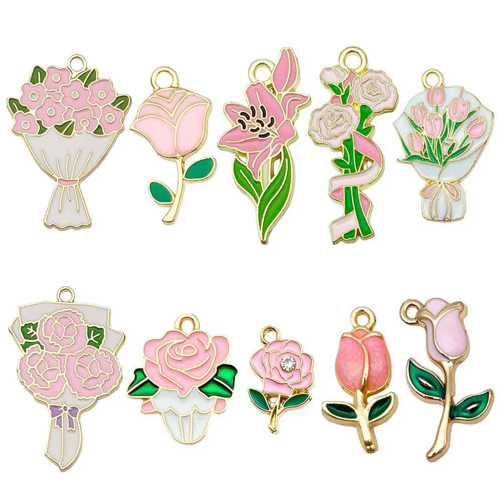 粉色系树枝花束康乃馨玫瑰花合金小挂件吊坠diy手链项链饰品配件