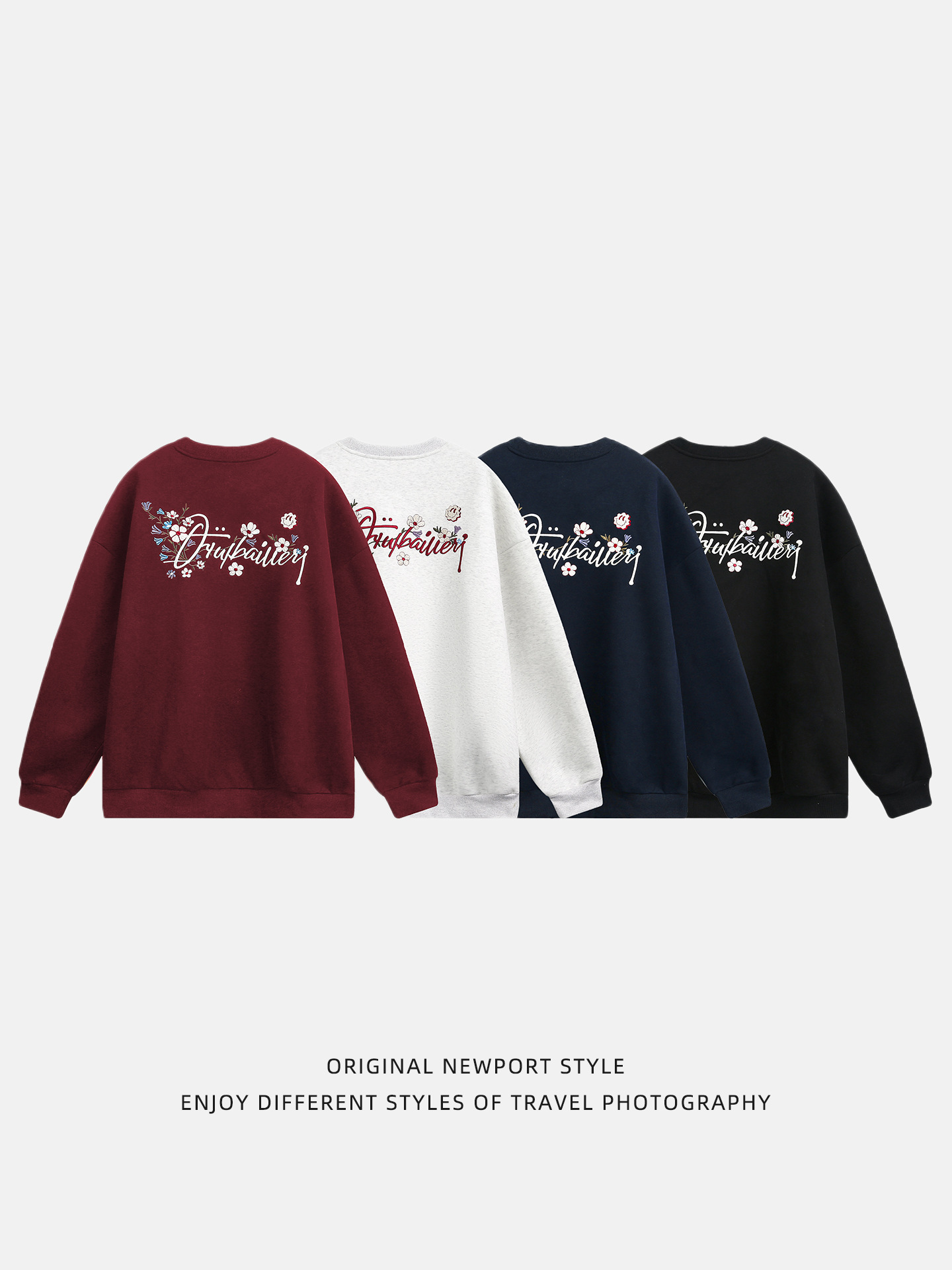 380 グラムヘビーウェイトコントラストカラーフラワーレター刺繍ラウンドネックスウェットシャツメンズ秋の質感ルーズカジュアルプルオーバージャケット