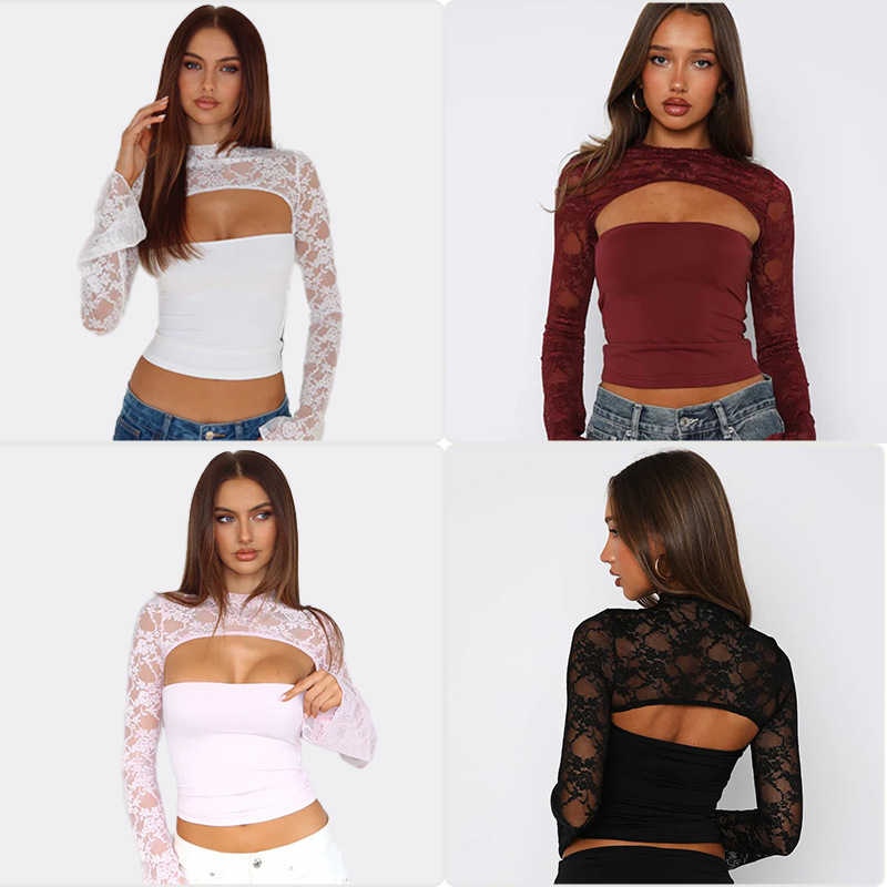 Cross-Border Aliexpress European and American Splicing Lace Cut Out Bottoming Shirt with Women's Slim Sexy Tube Top Long Sleeves 2025