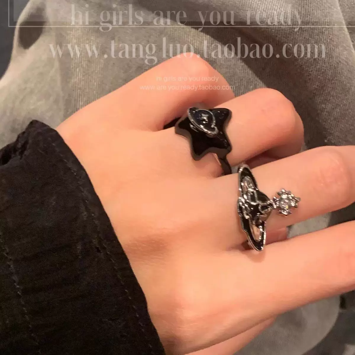 小众土星戒指西tai后设计感高级食指戒开口可调节戒指黑色星星戒