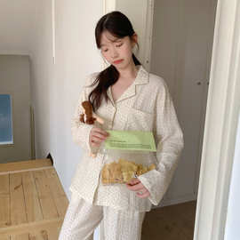 韩国ins女士秋季韩系双层加厚棉纱奶黄野菊翻领家居服睡衣套装女