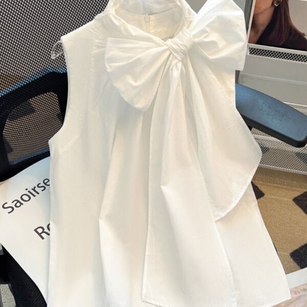 French Rich Family Golden White Bow Sleeveless Shirt Women's Design Sense Loose Belly Covering Vest Top for Summer