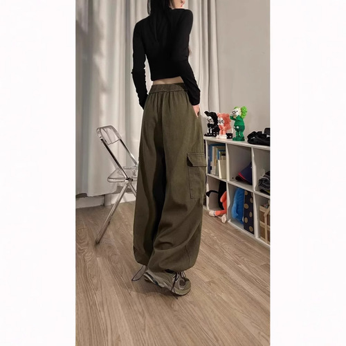 Vintage American-style multi-pocket work pants for girls, spring and autumn trendy streetwear, loose straight-leg wide-leg versatile drawstring pants