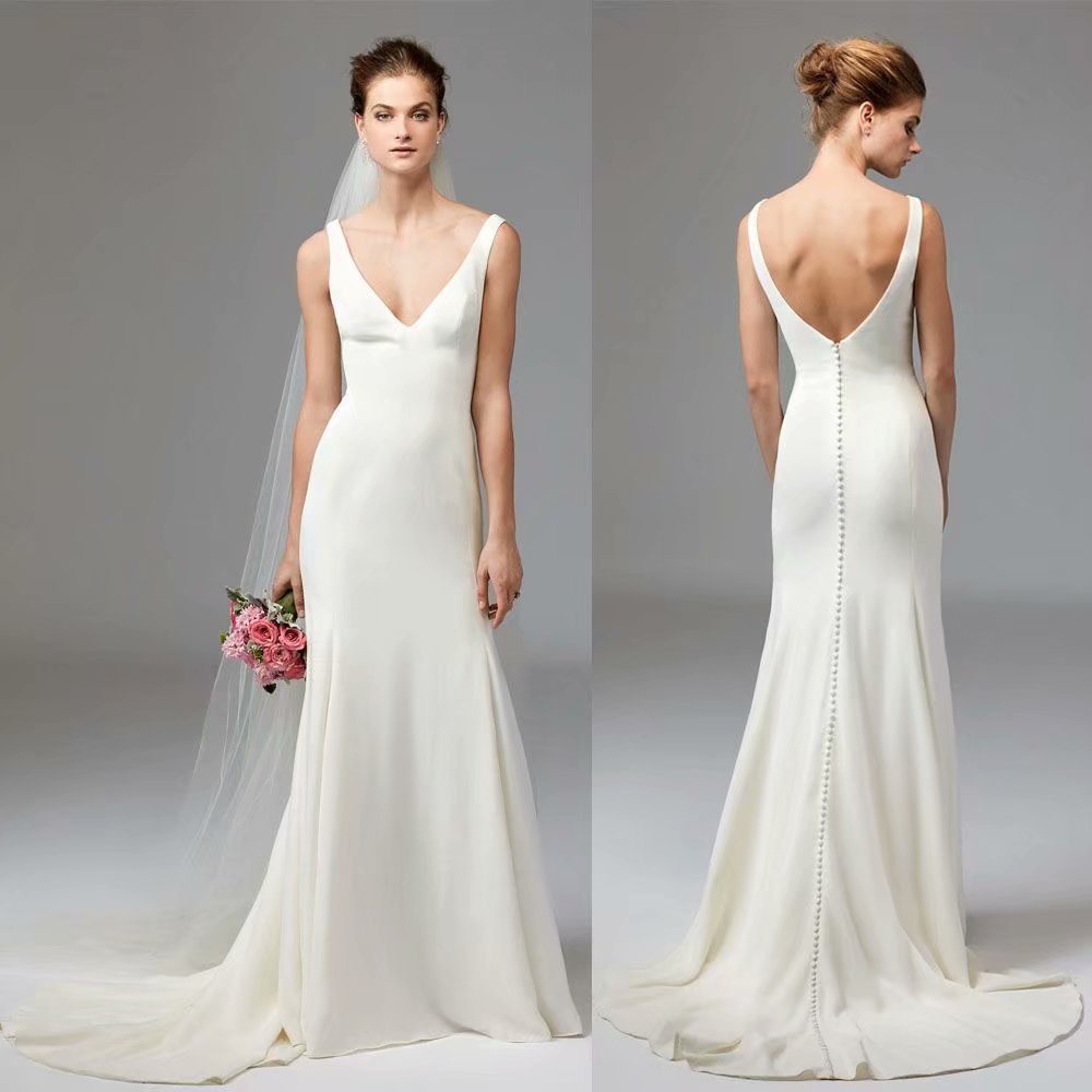 El Comercio exterior europeo y americano Amazon AliExpress deseo nuevo sexy escote en V backless fishtail adelgazar vestido de novia se puede personalizar