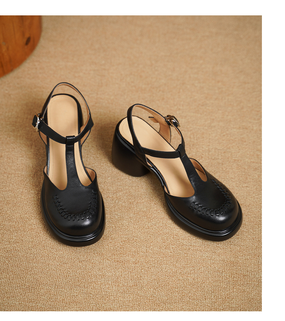 Sandal cao gót nữ quai ngang mũi nhọn da bò thật, gót 8 cm đế dày — đen chi tiết 15