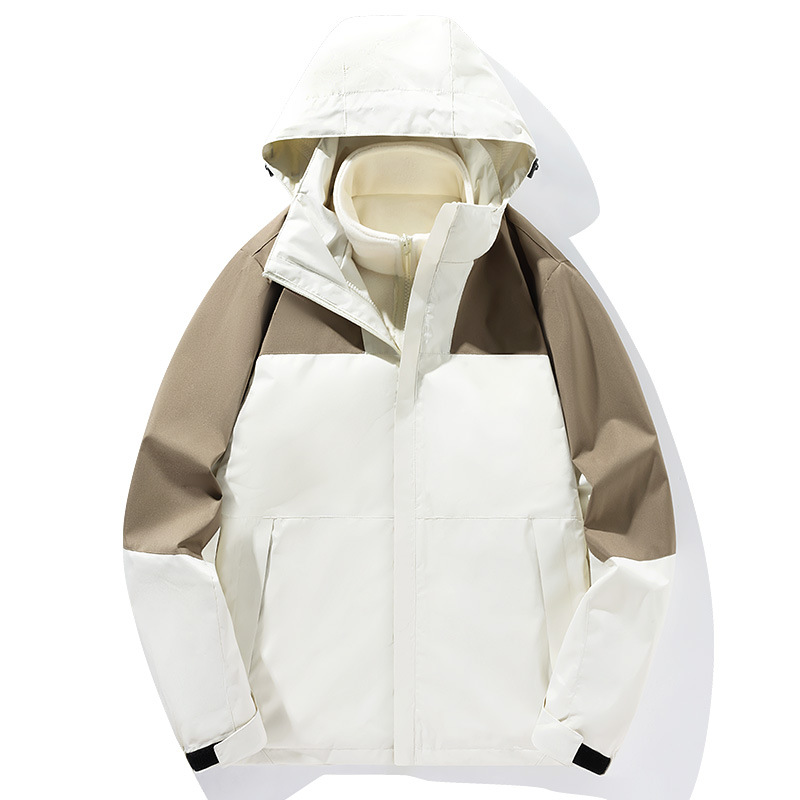 Outdoor Couple's Color-Blocked Jacket with Detachable Hood, Waterproof and Windproof, Warm and Windproof Two-Piece Set, Customizable
