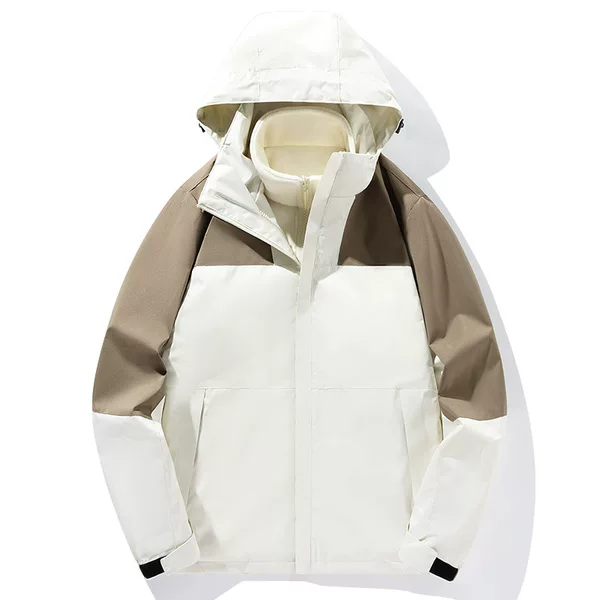 Outdoor Couple's Color-Blocked Jacket with Detachable Hood, Waterproof and Windproof, Warm and Windproof Two-Piece Set, Customizable