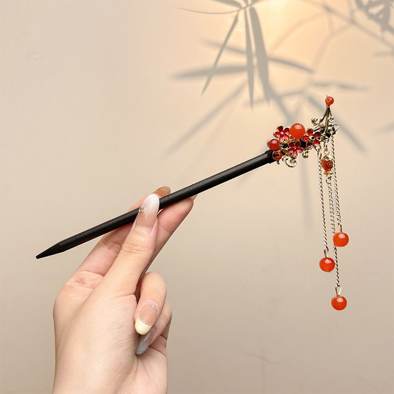 天然黑檀木发簪女清冷感发饰玉兰花步摇簪子古风旗袍头饰日常盘发|undefined