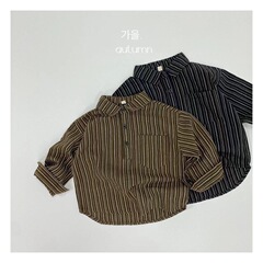Japanese-Korean Style Kids' Lapel Vertical Stripe Shirt – Autumn New Arrival Unisex Crew-Neck Pullover Base Layer Top