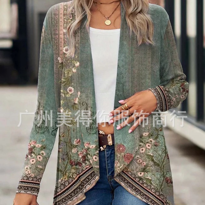 Autumn 2023 Amazon Europe and America Cross-border Cardigan Buckle-free Long Sleeve Plant Flower Print Women's Cloak Trash Coat