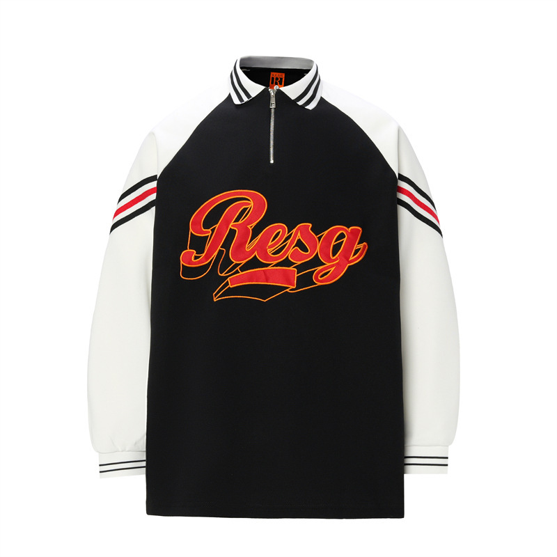 Trendy Sports Style Retro Color-Blocking Half-Zip Contrast Raglan Sleeve Foam Font Design Men's Polo Long Sleeve
