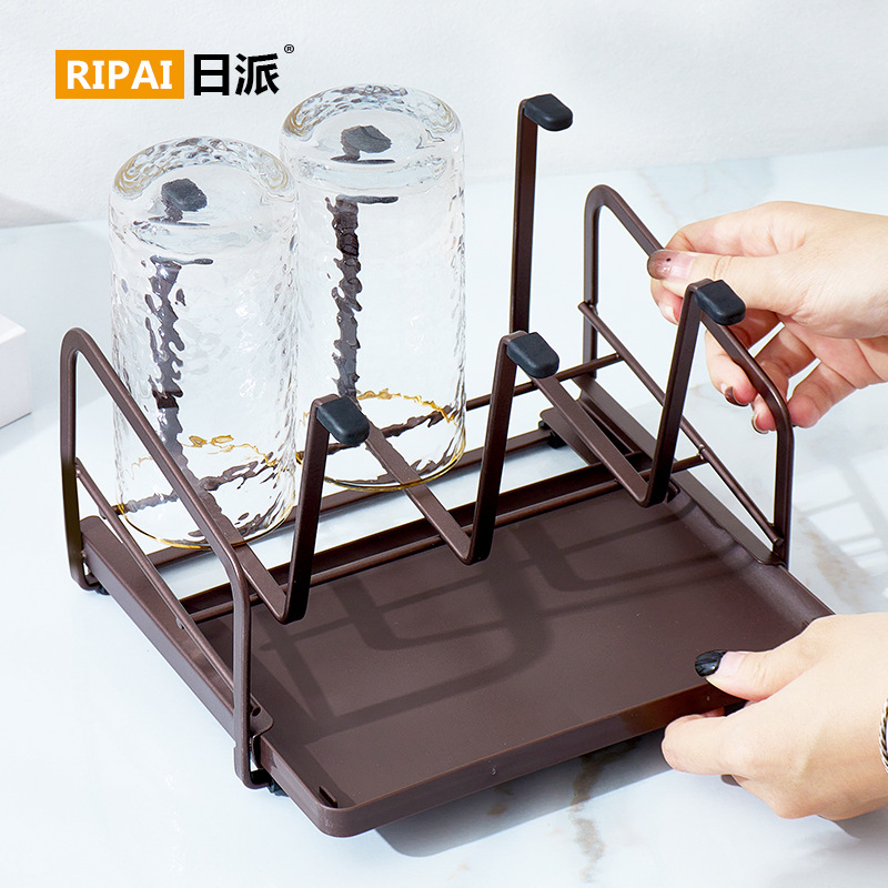 Japanese-style Upside-down Drainage Cup Rack, Teacup and Mug Organizer with Tray, Glass Cup Hook Stand for Home