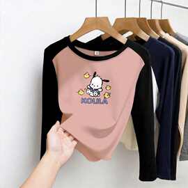 跨境女童T恤长袖春秋衣新款插肩打底衫秋冬修身打底洋气内搭上衣