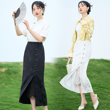 新中式白色旗袍衬衫女夏装新款中国风立领盘扣上衣两件套裙