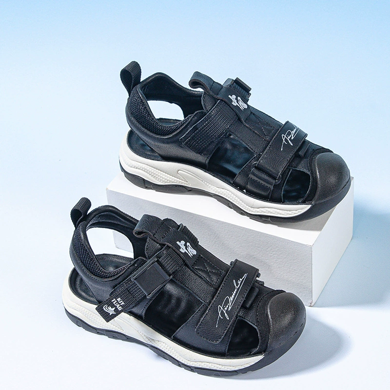 Мальчики Баотоу сандалии 2024 Летние детские нескользящие кожаные детские ботинки липучки маленькие мальчики пляжные ботинки