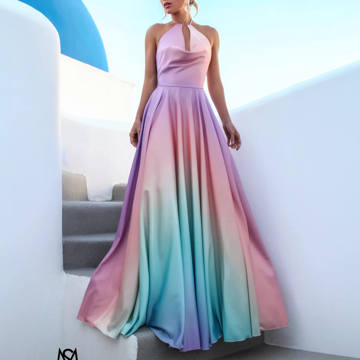 2026 New European and American Women's Fashion Gradient Dress with Large Hem and Waist-Cinching Design, Amazon Sexy Deep V-Neck Long Dress for Women