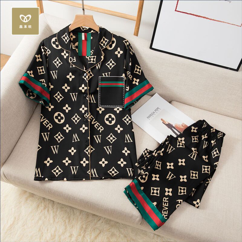 Couple Pajamas Ice Silk Short-Sleeved Pants Thin Women's Casual Fashion Men's Large Size Loose Big Brand Accessible Luxury Home Clothes