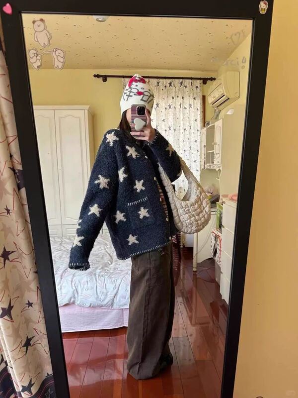 毛衣外套女装早春秋新款翻领星星设计感针织衫开衫小个子上衣|undefined