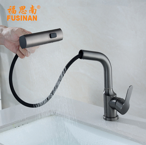 New product 304 stainless steel water-plated gun gray rain shower face basin pull-out faucet bathroom cabinet washbasin hot and cold faucet