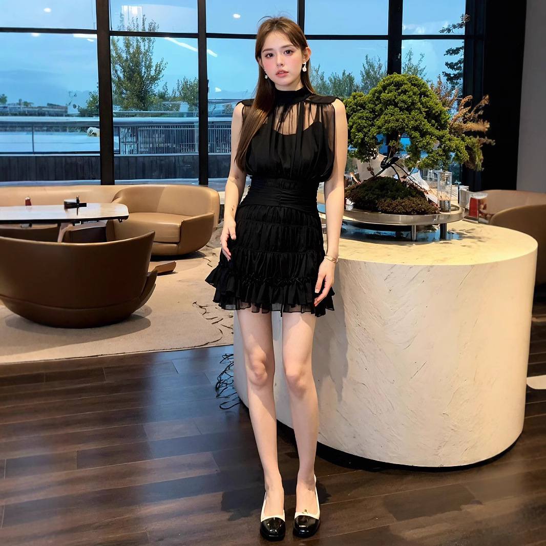 Váy đen Hepburn kiểu Pháp thiết kế xếp tầng dáng suông midi — Màu đen chi tiết 3