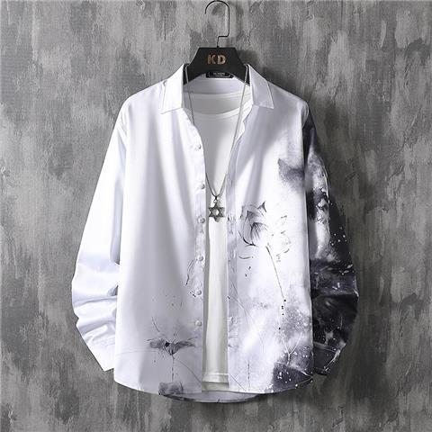 Chinese Style Men's Landscape Painting Printed Shirt Men's Long-sleeved Handsome Ink National Fashion Spring and Autumn Shirt Men's Jacket