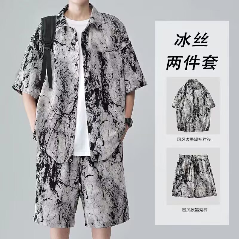 Summer Loose Plus-Size Ice Silk Short-Sleeve Hawaiian Beach National Style Ink-Splashed Shirt Two-Piece Set Summer Loose Plus-Size Ice Silk Short-Sleeve Hawaiian Beach National Style Ink-Splashed Shirt Two-Piece Set