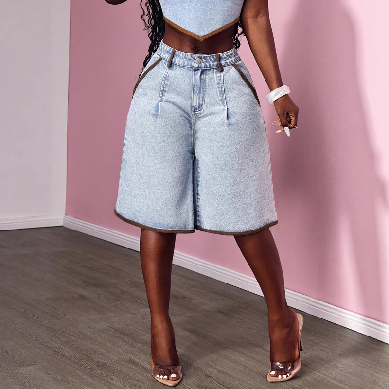 2026 Spring/Summer Cross-Border Y2K Hot-Selling Women's Color-Contrast Decorated Flared Denim Capri Pants