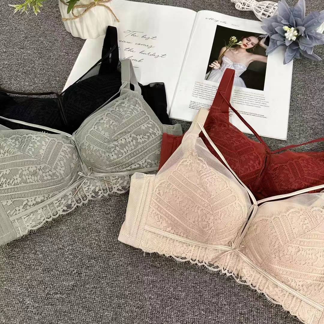 Nuevo sujetador de alta calidad de moda de encaje jacquard transpirable y cómodo ajustable anti-caída reúnen ropa interior de botón múltiple