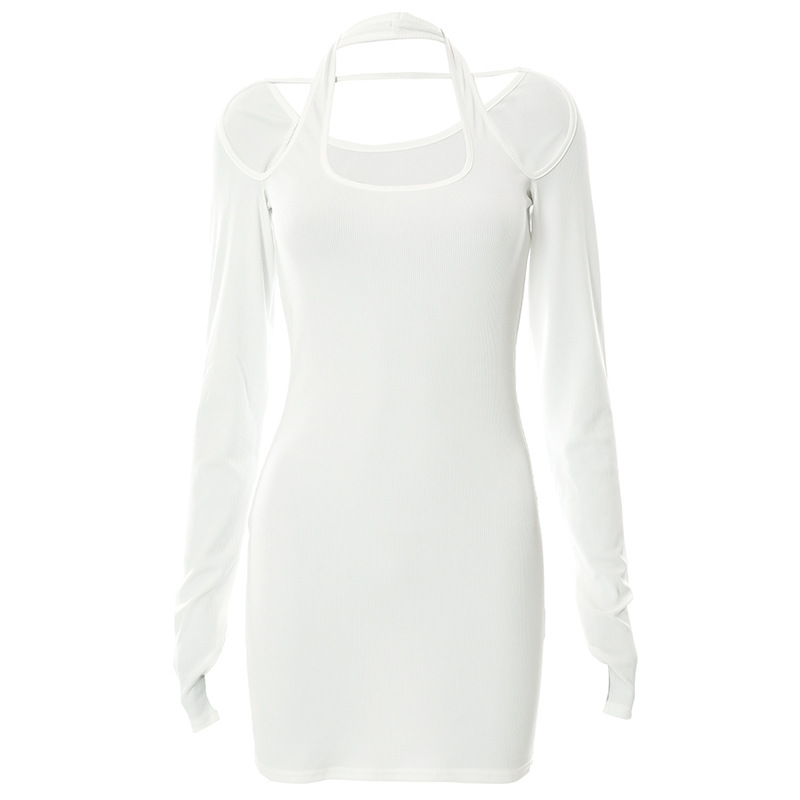 solid color long-sleeved halter neck sheath dress NSLHC117888