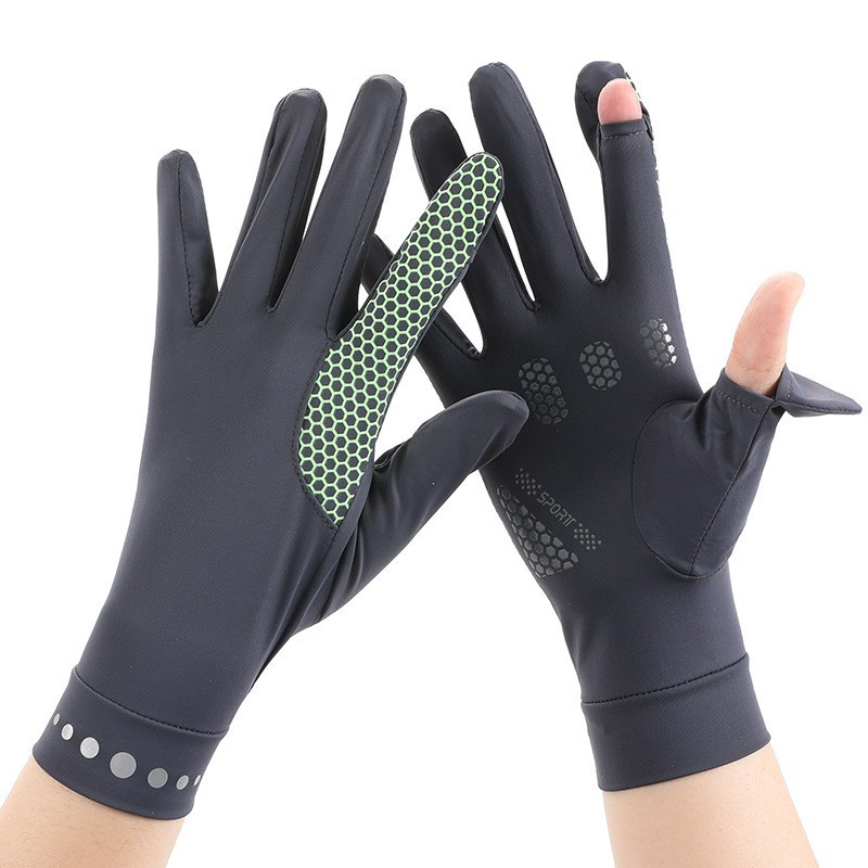 Guantes de protección solar verano hombres y mujeres de pareja delgada antideslizante transpirable ciclismo elástico transpirable dos dedos guantes de seda de hielo