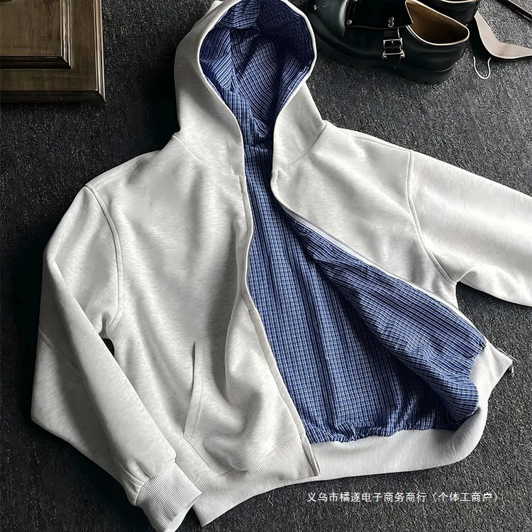 花灰miu系双面穿卫衣男秋季cleanfit蓝格纹拉链连帽开衫外套|undefined