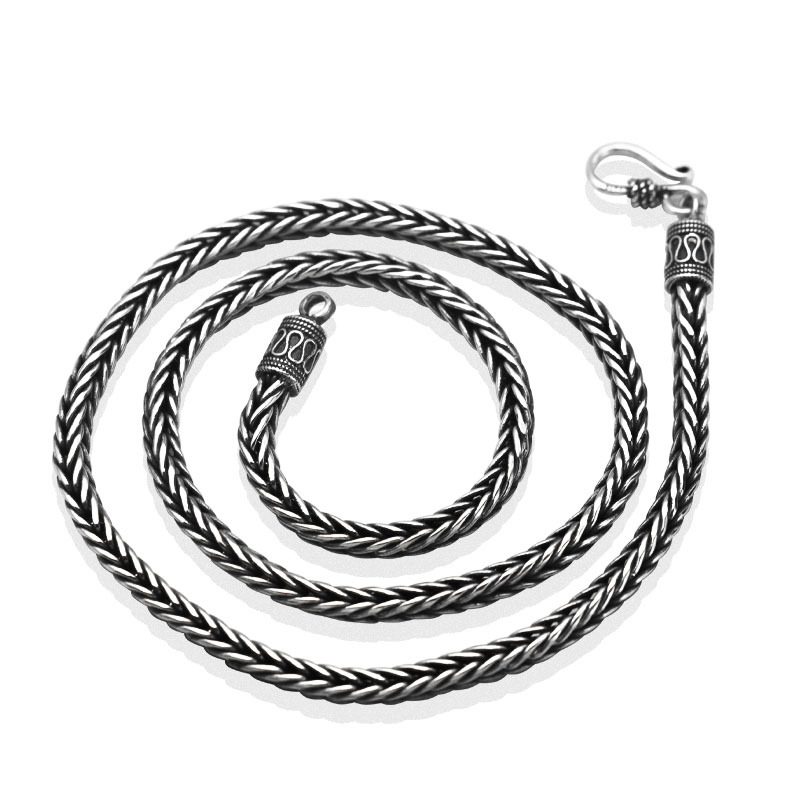 S925 Sterling kumushdan yasalgan qo'lda to'qilgan ajdaho suyagi marjonlari, qalin arqon uslubida, Tailand kumushidan yasalgan retro trendli erkaklar marjonlari, dropshipping mavjud.