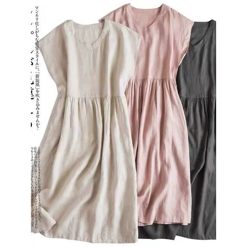 Аутентичное излишество экспортного заказа 2025 года: летнее простое платье средней длины с V-образным вырезом, регланом и короткими рукавами, свободного кроя, в художественном стиле.