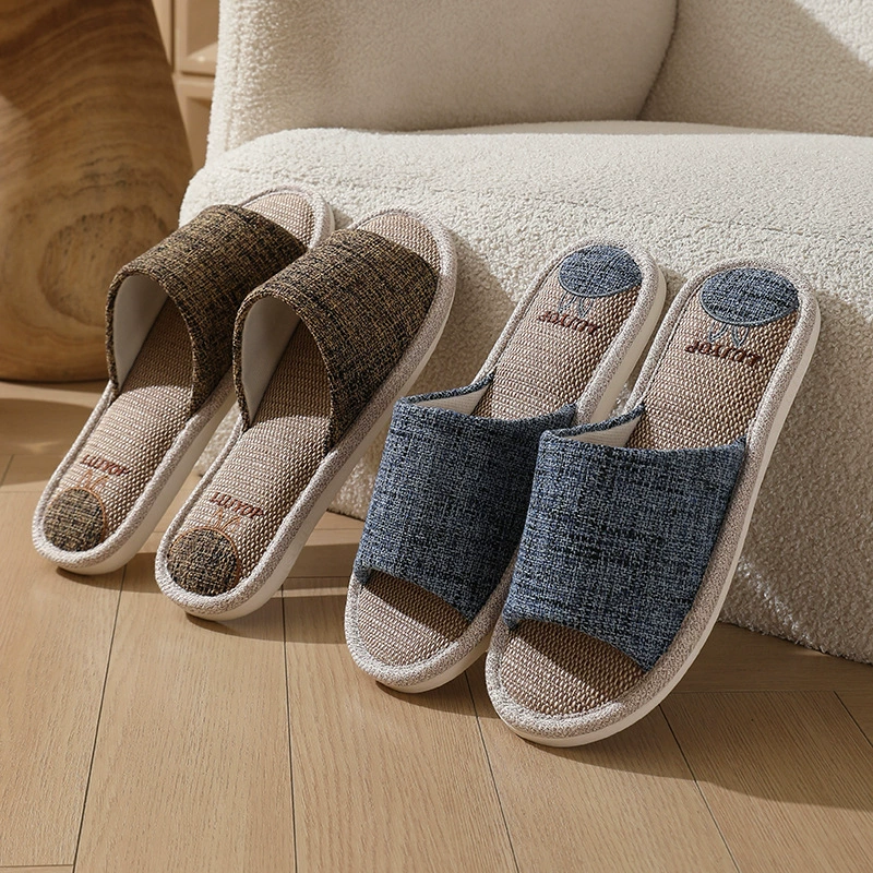 Льняные тапочки мужские четыре сезона дома дома толстая подошва всасывающий хлопок из конопли