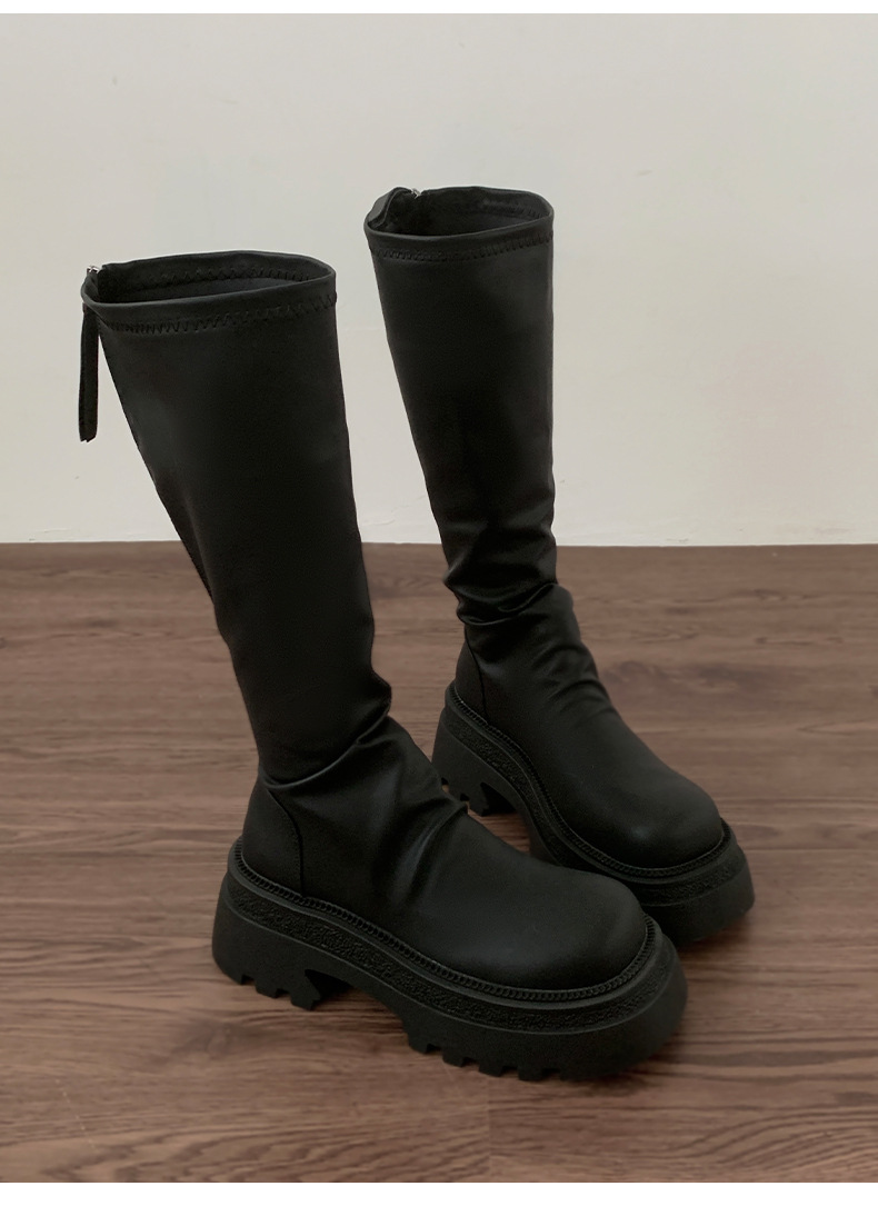 Black Knee-high Platform Boots For Women Thick Soled Knight Style_voghion.com